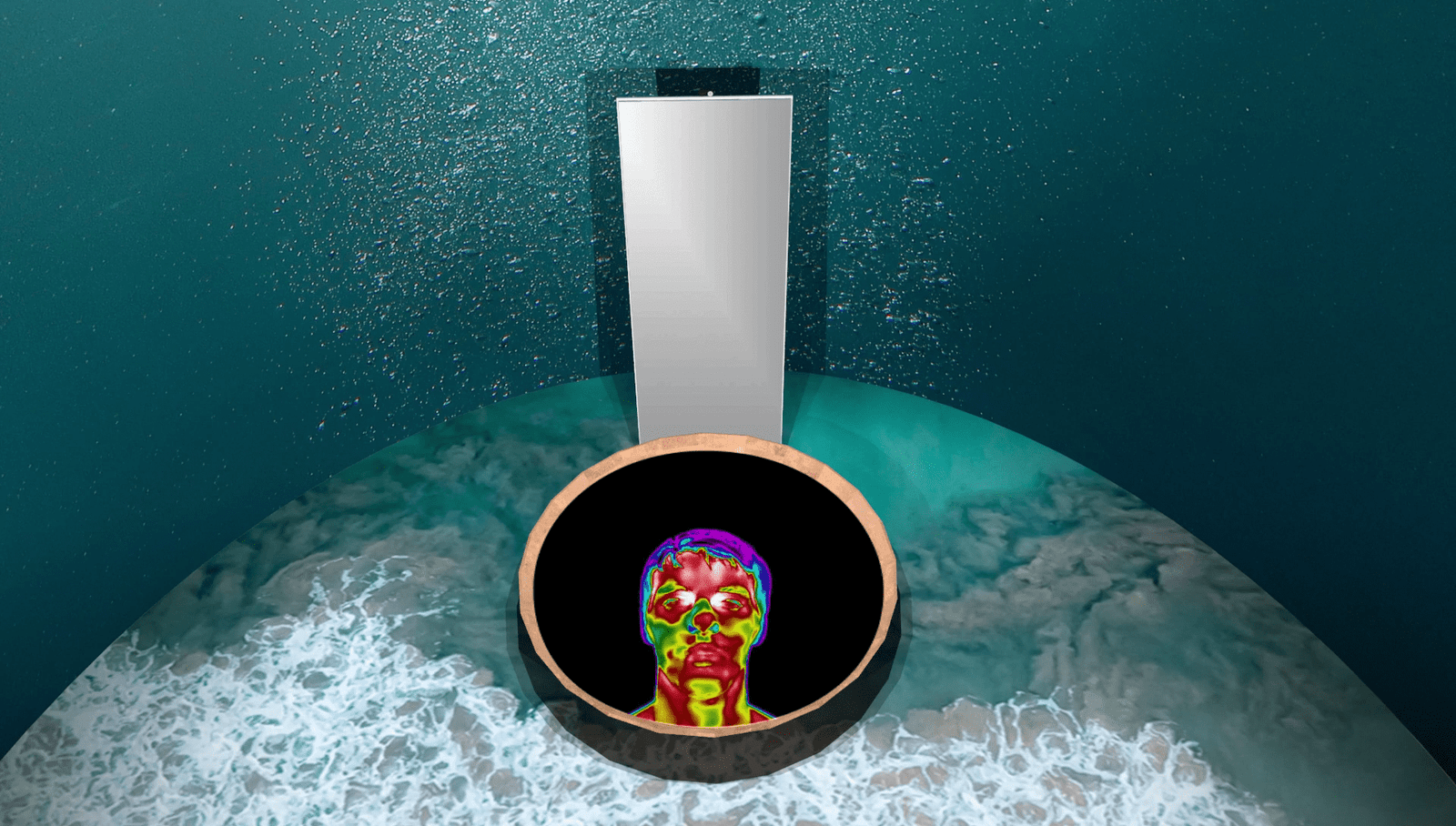 vista dall'alto sull'area sacra con dettaglio sul bacile e proiezione del responso fase 1